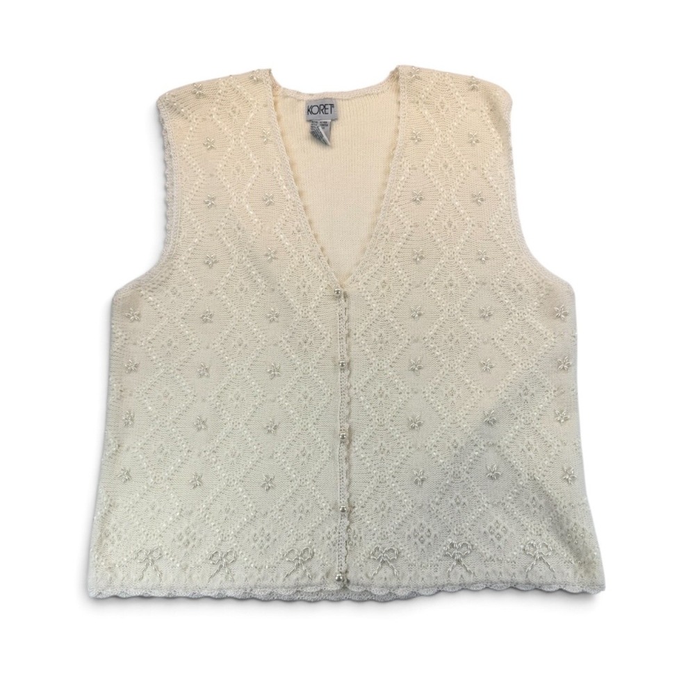 Vintage 90s Koret Ivory Pearl Beaded Crochet Knit Sweater Vest L
